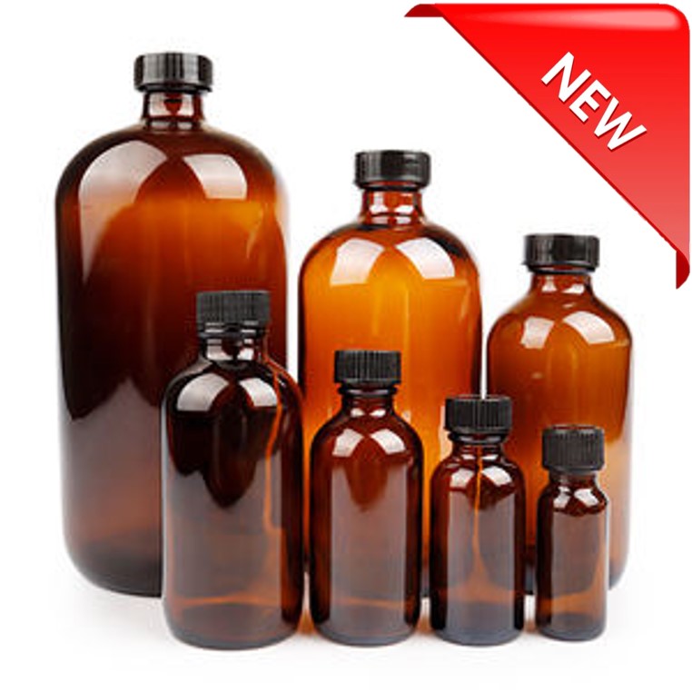 BOSTON TYPE BOTTLE, AMBER, SODA GLASS, NARROW NECK, WITH BLACK PLASTIC CAP & INSERT