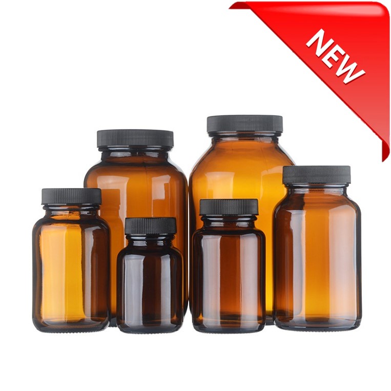 AMBER WIDE BOTTLE WITH LINERLESS BLACK PLASTIC CAP & STOPPER